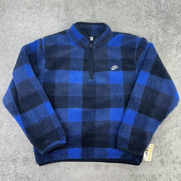 Nike Sherpa Fleece Pullover Mens Medium Blue Buffalo Plaid 1/4 Zip FZ0896-475 - Picture 1 of 11